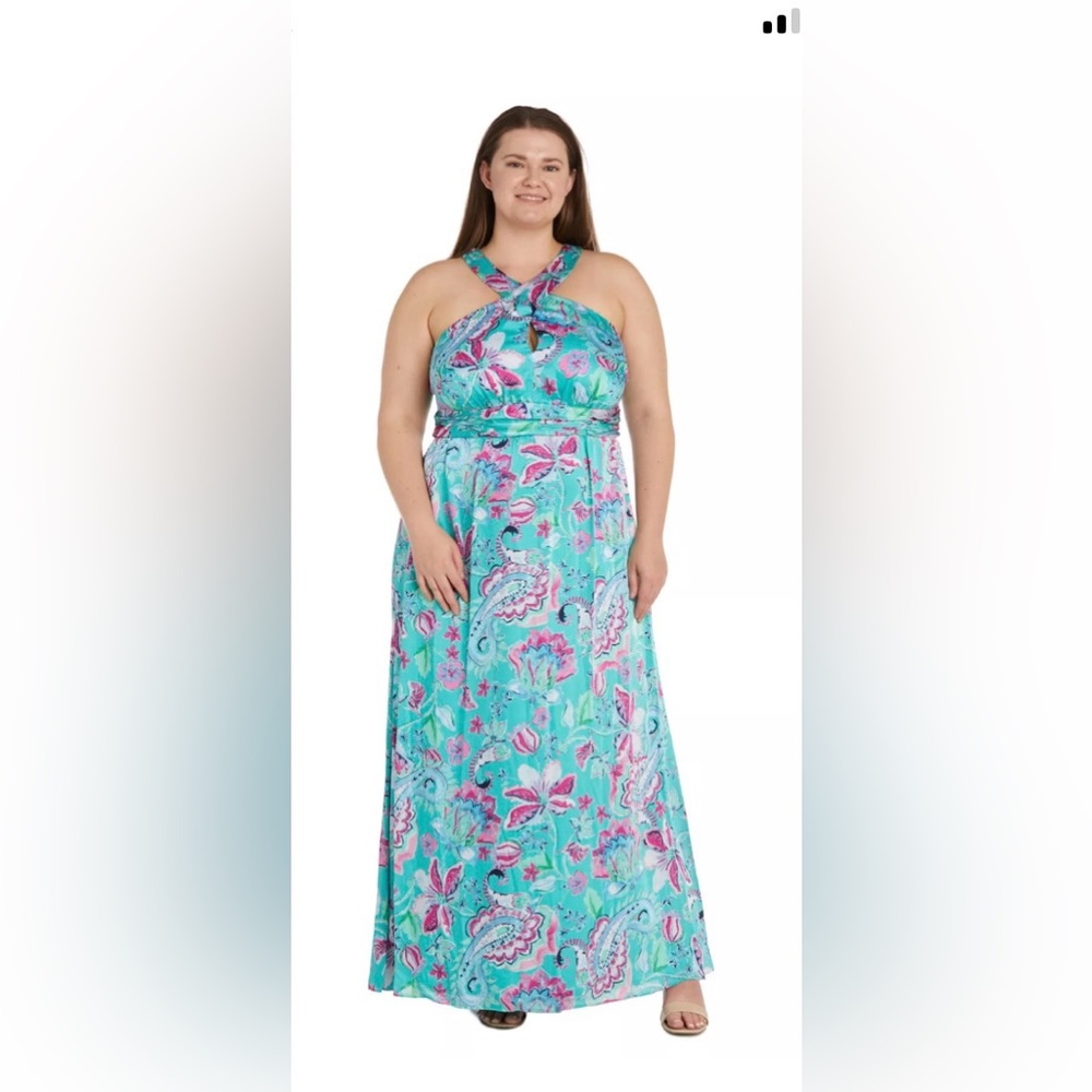 NWT - R&M Richard’s Floral Cross Over Maxi Halter Dress In Light Blue - 22W